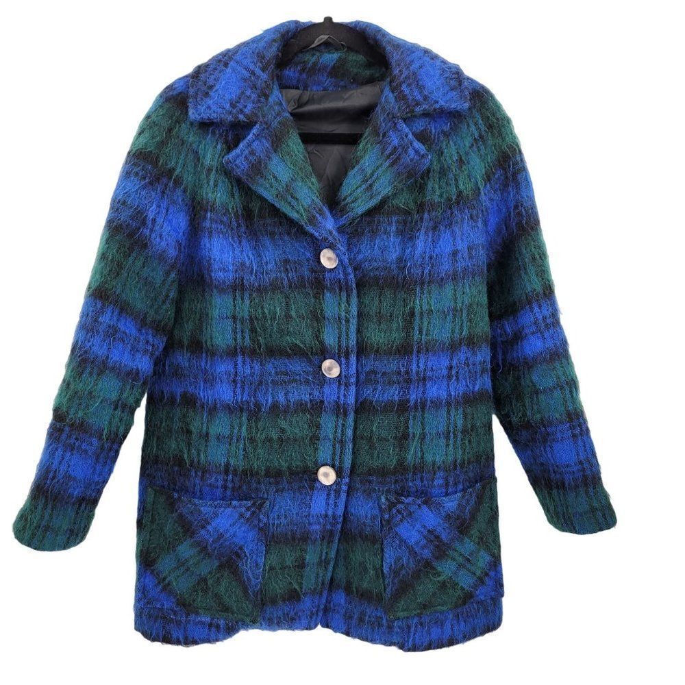 Vintage 60's Scotch House Coat Tartan Plaid Academia Grunge Blue Green‎ Button M